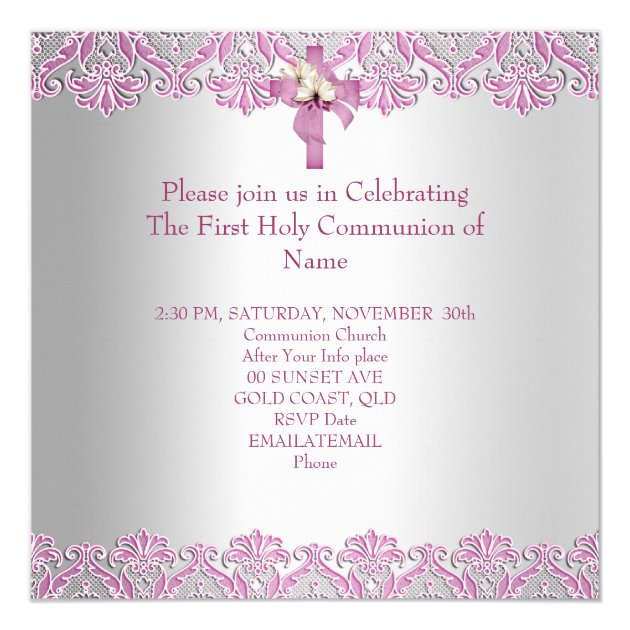 First Holy Communion 1st Cross Girls White Pink Invitation