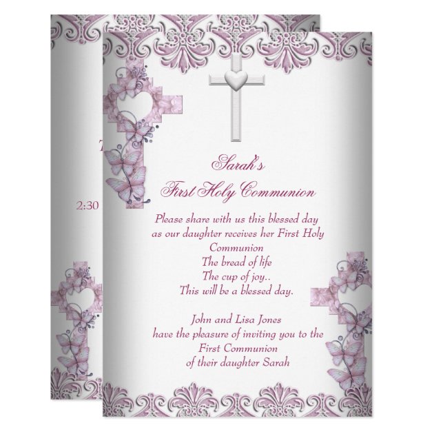 First Holy Communion 1st Cross Girls White Pink Invitation