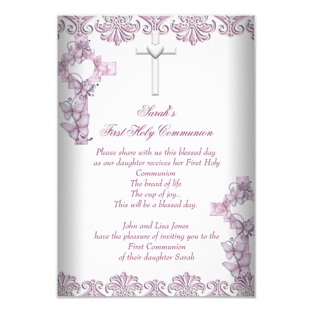 First Holy Communion 1st Cross Girls White Pink Invitation