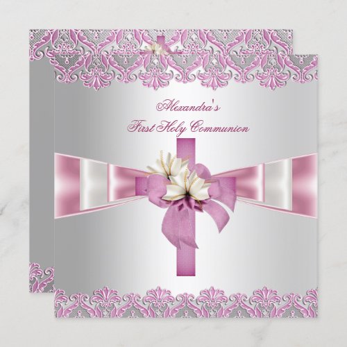 First Holy Communion 1st Cross Girls White Pink Invitation