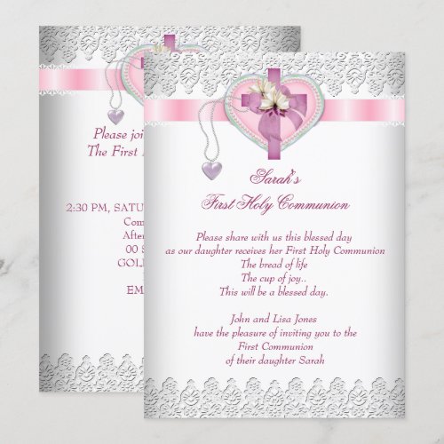 First Holy Communion 1st Cross Girls White Pink Custom Announcements