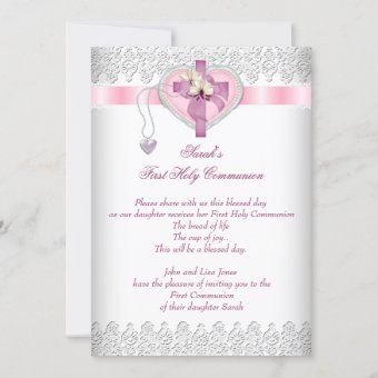 First Holy Communion 1st Cross Girls White Pink Invitation | Zazzle