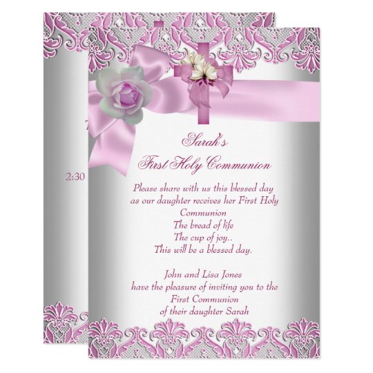 First Holy Communion 1st Cross Girls White Pink Invitation Zazzle Com