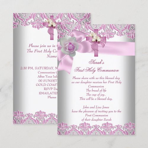 First Holy Communion 1st Cross Girls White Pink Invites