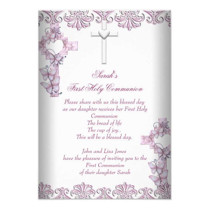 First Holy Communion 1st Cross Girls White Pink Custom Invite