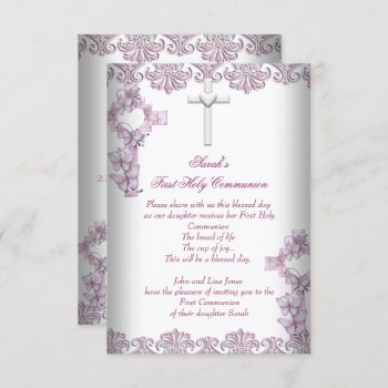 First Holy Communion 1st Cross Girls White Pink Invitation by Zizzago at Zazzle