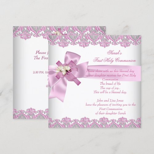 First Holy Communion 1st Cross Girls White Pink Personalized Invitation