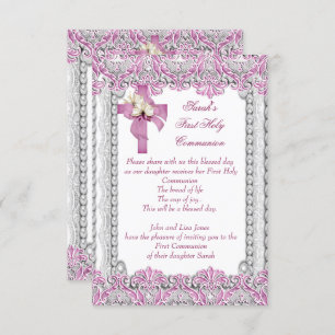 First Holy Communion 1st Cross Girls White Pink Invitation