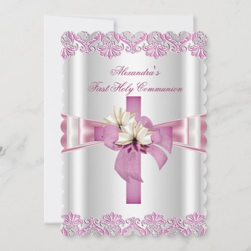 First Holy Communion 1st Cross Girls White Pink S Invitation