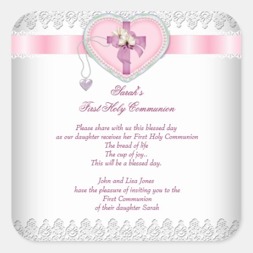 First Holy Communion 1st Cross Girls White Pink Square Sticker