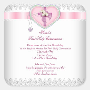 First Holy Communion 1st Cross Girls White Pink Square Sticker