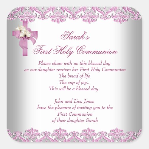 First Holy Communion 1st Cross Girls White Pink Square Sticker