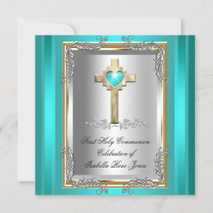 First Holy Communion 1st Girl Boy Cross Teal Blue Invitation