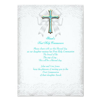 First Holy Communion 1st Girls Cross Aqua Teal 3 Card