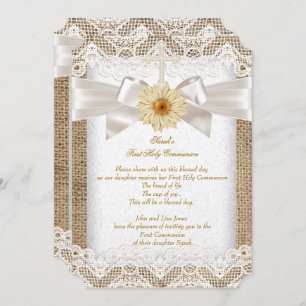 First Holy Communion 1st Girls Cross Burlap Lace Invitation