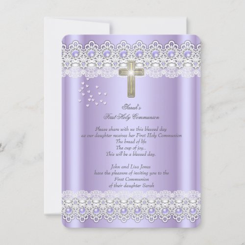 First Holy Communion 1st Girls Cross Lavender Gold Invitation