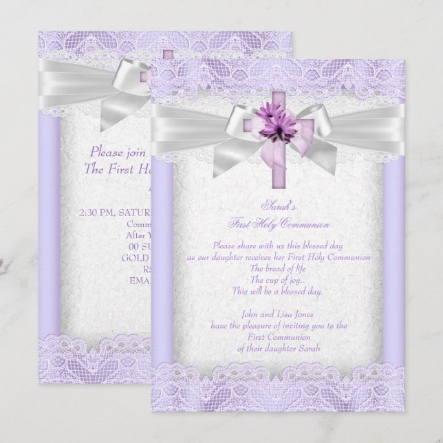 First Holy Communion 1st Girls Cross Lavender Invitation (Front/Back)