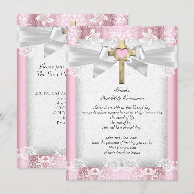 First Holy Communion 1st Girls Cross Pink 6 Invitation (Front/Back)