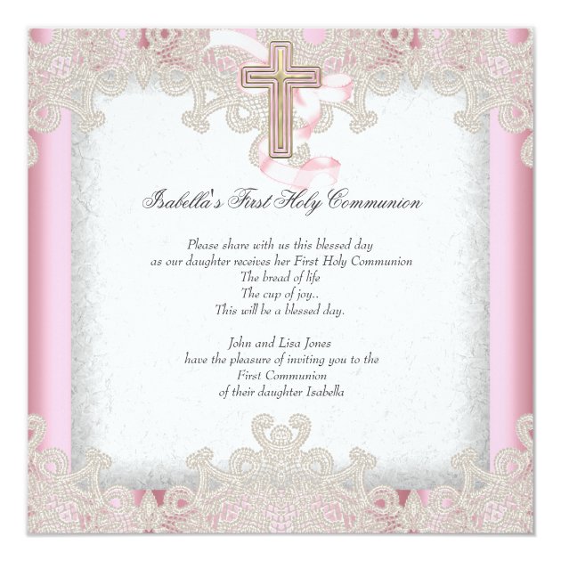 First Holy Communion 1st Girls Cross Pink 7 Invitation
