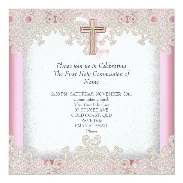 First Holy Communion 1st Girls Cross Pink 7 Invitation