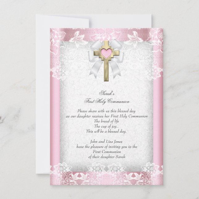 First Holy Communion 1st Girls Cross Pink 8 Invitation (Front)