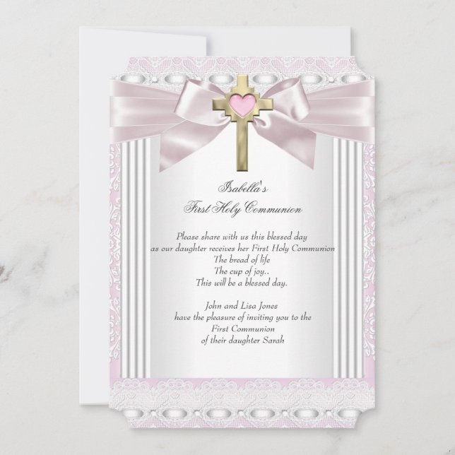 First Holy Communion 1st Girls Cross Pink Lace 4 Invitation (Front)