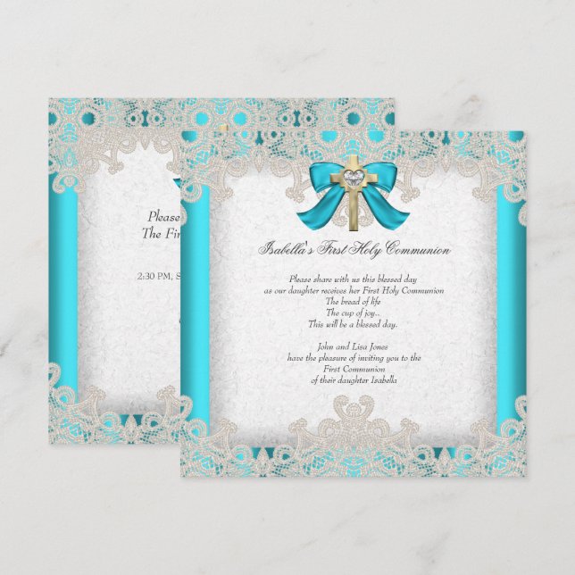 First Holy Communion 1st Girls Cross Teal 3 Invitation (Front/Back)