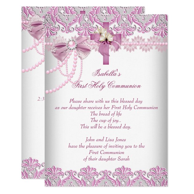 First Holy Communion 1st Girls Pink Pearl Lace Invitation
