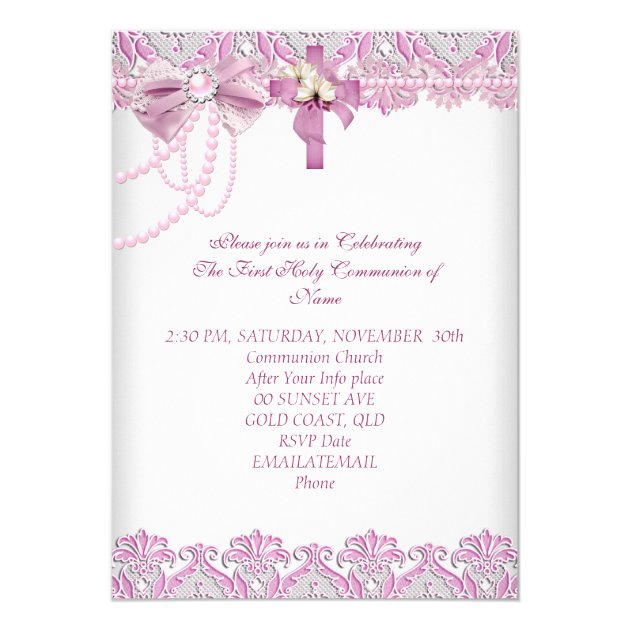 First Holy Communion 1st Girls Pink Pearl Lace Invitation