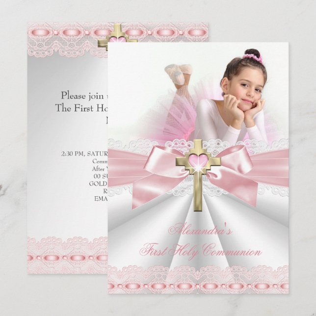 First Holy Communion 1st Gold Cross Girls Pink 4 Invitation (Front/Back)