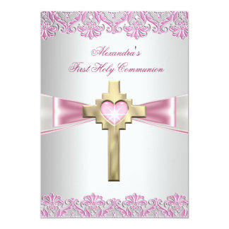 First Holy Communion 1st Gold Cross Girls Pink Card
