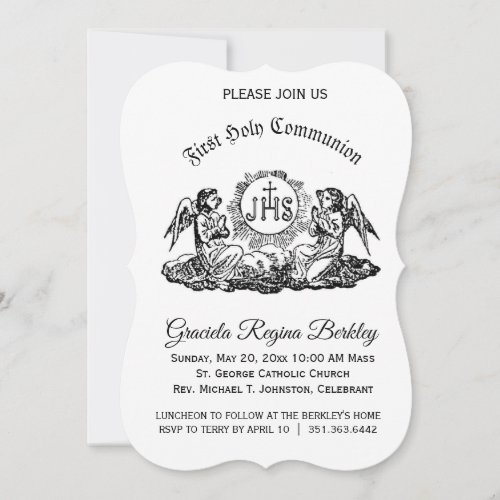 First Holy Communion Angel Black White Invitations