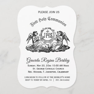 First Holy Communion Angel Black White Invitations