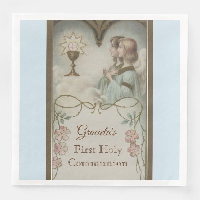 First Holy Communion Angels Chalice Traditional Paper Dinner Napkins (Front)