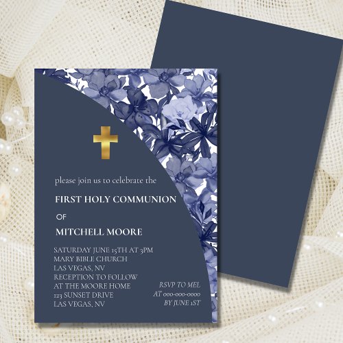 First Holy Communion Arch Navy Blue Floral Invitation