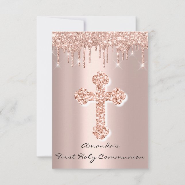 First Holy Communion Babtism Rose Christian Cross Invitation (Back)