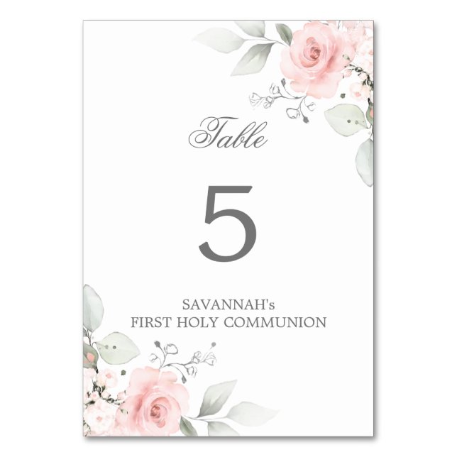 First Holy Communion Baptism Pink Rose Girl Table Number (Front)
