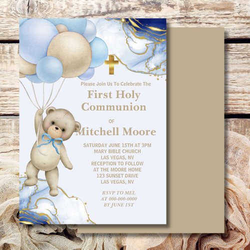 First Holy Communion Bear Balloon Blue Gold Swirl  Invitation