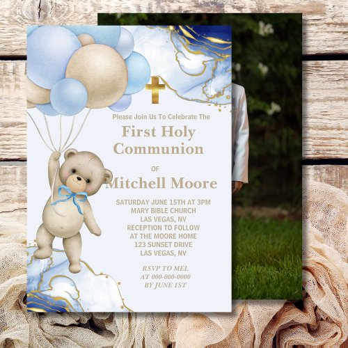 First Holy Communion Bear Balloon Blue Gold Swirl  Invitation