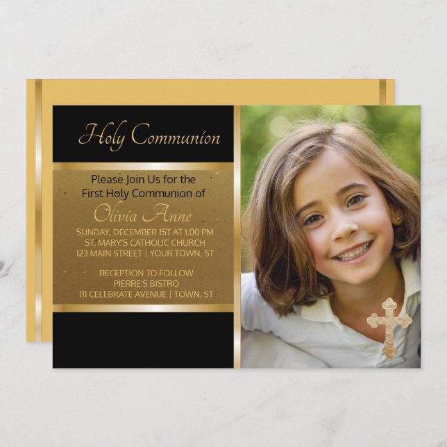 First Holy Communion Black Gold Photo Invitation (Front/Back)