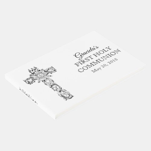 First Holy Communion Black White Cross Host Guest Book