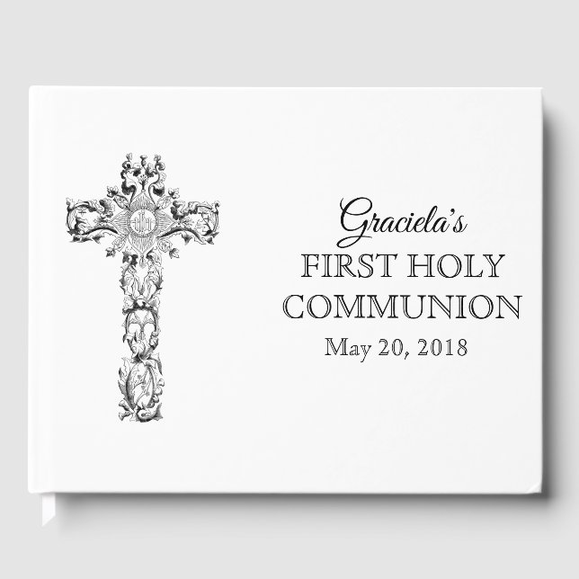 First Holy Communion Black White Cross Host Guest Book (Front)