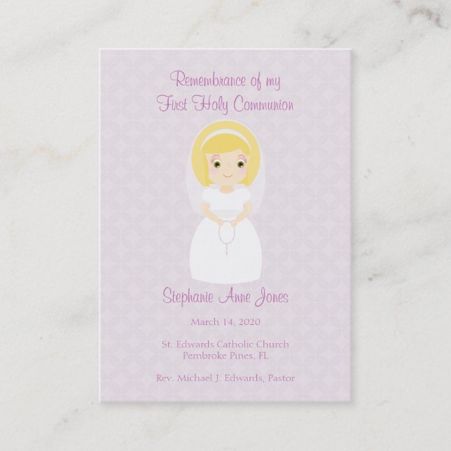 First Holy Communion Blonde Girl Business Card (Front)