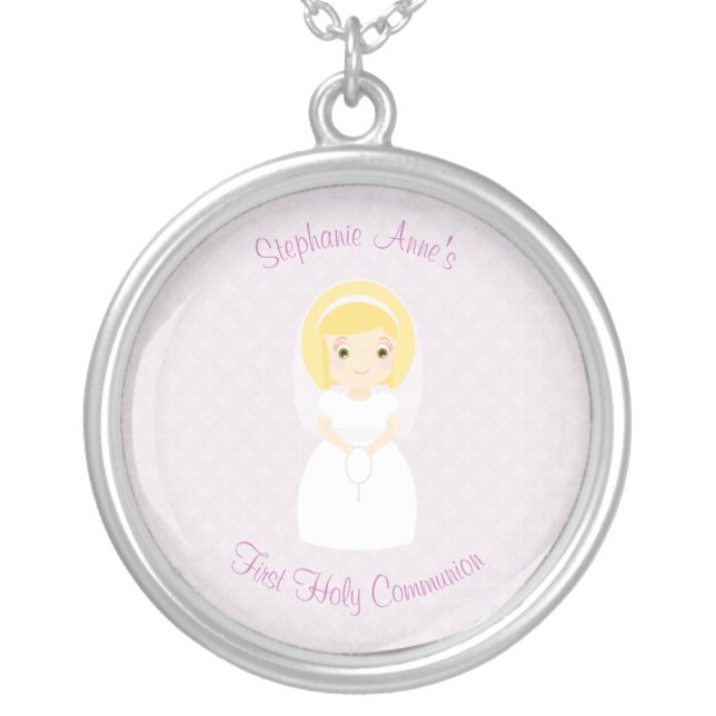 First Holy Communion Blonde Girl Silver Plated Necklace (Front)