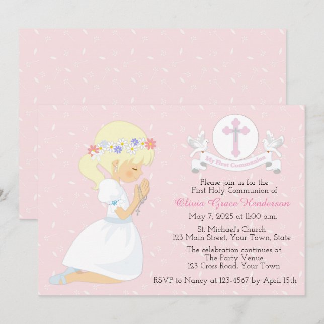 First Holy Communion Blonde Girl White Doves Invitation (Front/Back)