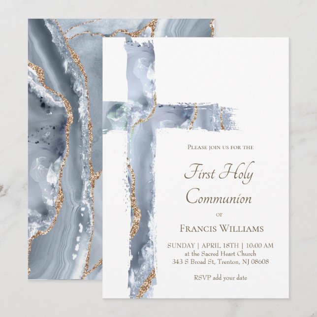 First Holy Communion blue agate Holy Cross Invitation (Front/Back)