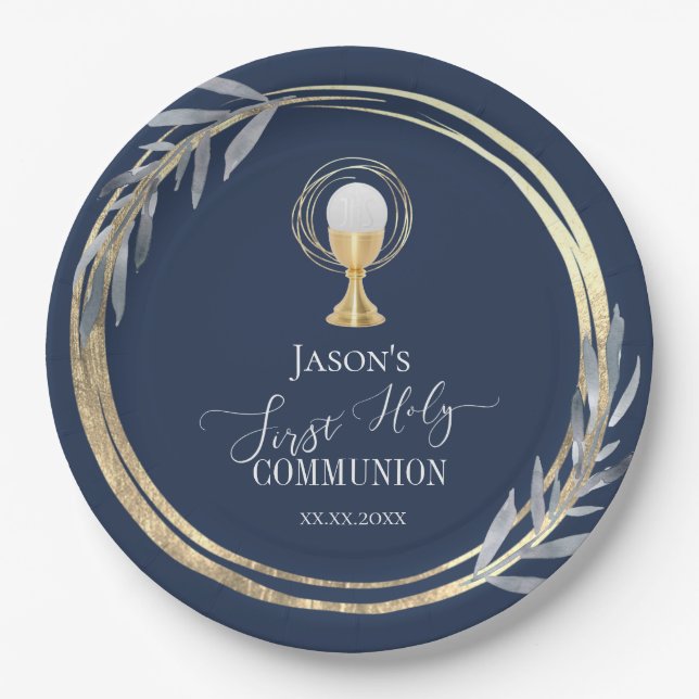 First Holy communion blue and faux gold foil Paper Plates (Front)