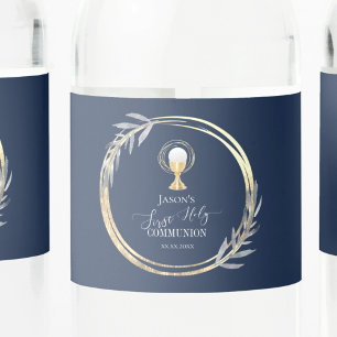 First Holy communion blue and faux gold foil Water Bottle Label