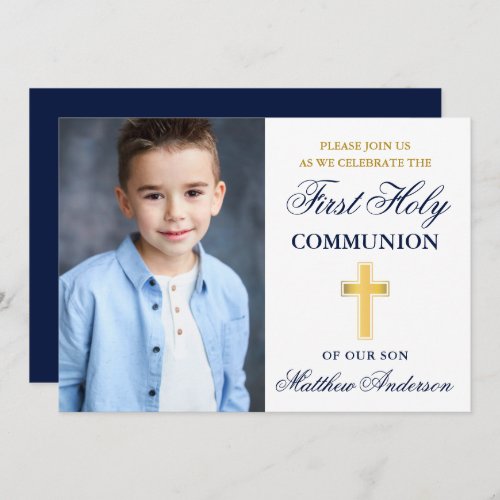 First Holy Communion Blue and Gold Photo Invitation