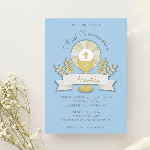first holy communion blue chalice invitation